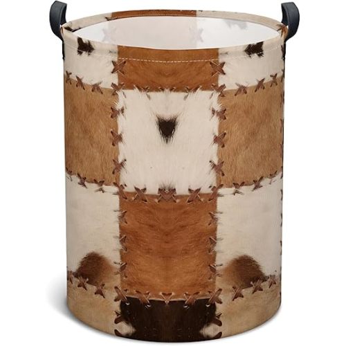 Cows Print Laundry Basket, Collapsible Waterproof Oxford Cloth Laundry Hamper, Vintage Round Kids Toys Storage Basket as Room Decor, Farmhouse Dirty Clothes Hamper for Bedroom Bathroom Dorm (Brown)