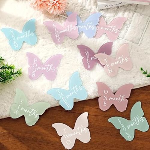 Acrylic Baby Monthly Milestone Butterfly Markers Disc Pastel Newborn Baby Announcement Sign for Pregnancy Baby Shower Party Gift, 12 Pcs