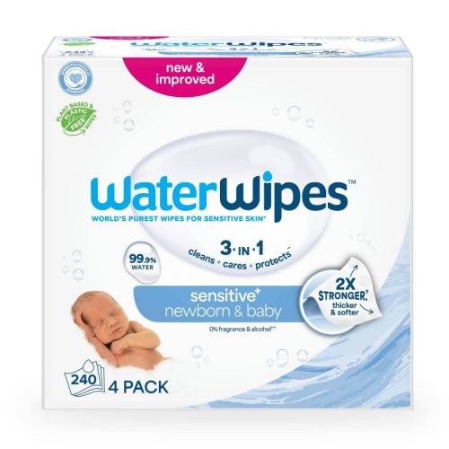 WaterWipes Sensitive+ Newborn & Baby Wipes, 3-In-1 Cleans, Cares, Protects, 99.9% Water, Unscented & Hypoallergenic - 240ct: Latex-Free, Vegan