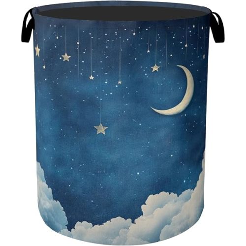 Starry Stars Moon Laundry Basket - Foldable Canvas Laundry Hamper with Handles, Heavy Duty Clothes Storage Basket for Home/Bedroom/Dorm