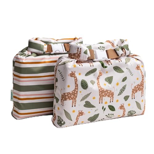 Set of 2 Water Resistant Wet Bags for Storing Laundry or Cloth Diapers Travel Size Wet Bag Daycare Beach Pool Wet Swimsuit Roll Top for Air Tight Odor Contained Washable Reusable (Giraffes)