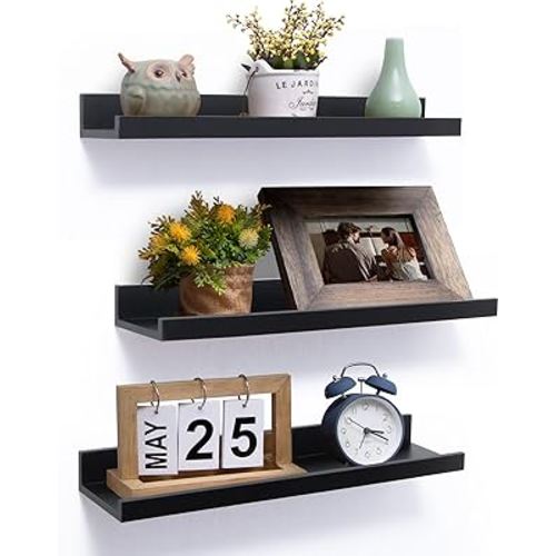Axeman Picture Ledge Shelf, Black Floating Shelves Set of 3, Floating Shelves with Lip, Floating Shelf for Wall with Ledge, Photo Shelf for Decor Nursery Bedroom Living Room Kitchen Office - Black
