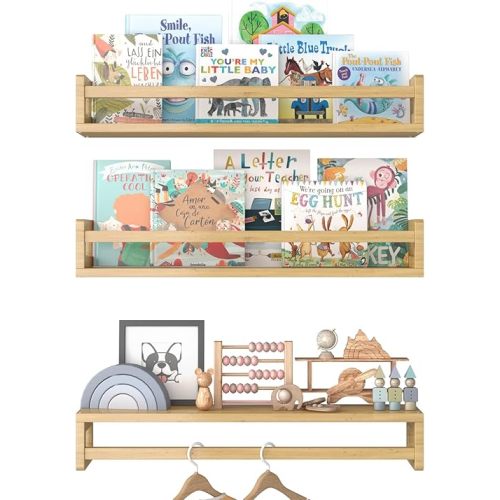 Floating Nursery Book Shelves for Wall, 23.6 Inch Nature Solid Wood Wall Mounted Bookshelf Set of 3, Hanging Bookshelves for Kids Room, Bedroom Nursery Decor and Book Storage (Wood)