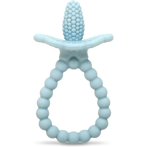 RaZbaby Silicone Baby Teether, BerryBumps Textured Silicone Soothes Babies’ Sore Gums, Infant Front and Back Teething Relief Toy, BPA Free, Easy-to-Hold, RaZberry Plus Fruit Shape, 3M+ – Blue