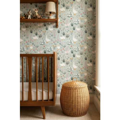 Silly Goose Wallpaper - Vintage Animals Nursery Peel and Stick Mural, Farmhouse Cute Pattern