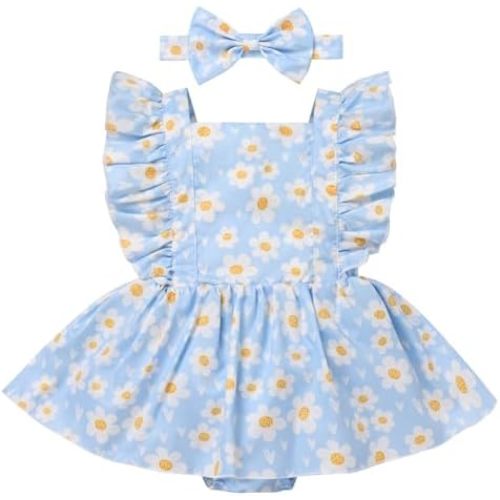 ODASDO Newborn Infant Baby Girl Ruffle Sleeve One-Piece Romper Dress with Headband Set Summer Casual Clothes 0-24 Months