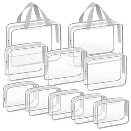 10 PCS Clear Travel Makeup Toiletry Bag, Plastic PVC Cosmetic TSA Approved Organizer Kit with Zipper Handbag（Grey）