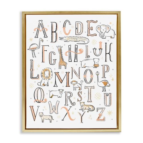 Stupell Industries Nursery Animal Alphabet Chart Floating Frame Canvas Art, Gold, 17" x 21"