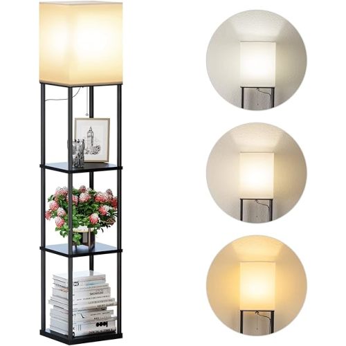 SUNMORY Floor Lamp with Shelves, Modern Square Standing Lamp with 3 Color Temperature Bulb, Corner Display Bookshelf Lamp for Living Room and Bedroom(Black)