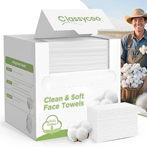 Classycoo XL Disposable Face Towel, 100% USA Organic-Cotton Ultra-Soft for Sensitive-Skin Facial Wipes Cleansing Towels, Odor-Free, Makeup Remover Cloths for Travel, Home Hand Dry Wipe(50 Count)