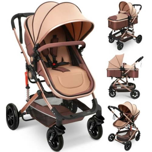Vomeast Baby Stroller, Foldable Baby Stroller Reversible Bassinet, Travel Stroller for Newborn, Khaki