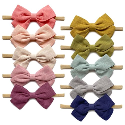Baby Muslin Hair Bows and Headbands, 10pcs Soft Nylon Hairbands for Newborn, Infants, Toddlers