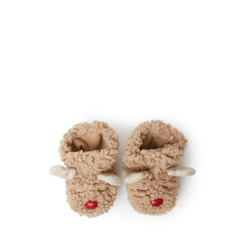 Dearfoams Baby Harley Holiday Christmas Reindeer Bootie Slipper - Latte Size 0-3