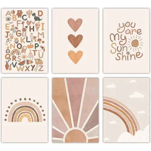 Canssape Set of 6 Baby Nursery Room Decor for Girl 8"x10" You Are My Sunshine Wall Decor | Boho Rainbow Decor for Girls Bedroom | Alphabet Watercolor Kids Wall Decor Nursery Wall Art Prints (Unframed)