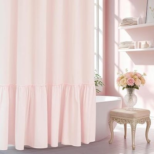 Seenus Baby Pink Ruffle Shower Curtain with Waterproof TPU Backed, Soft Microfiber Lovely French Ruched Shower Curtain, 72 x 72 Inch Bathroom 2 in 1 Washable Fabric Shower Curtain with TPU Lining