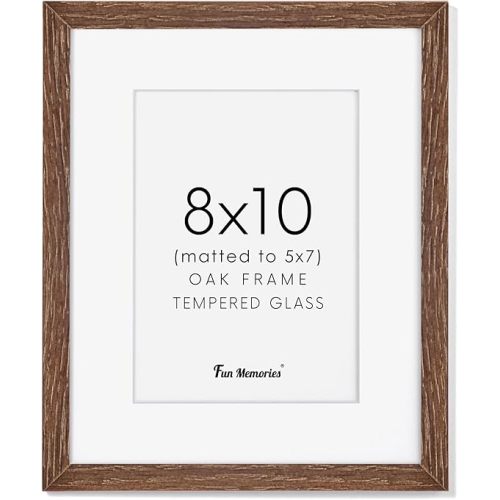 Fun Memories 8x10 Wood Picture Frame, Solid Oak Wood Frame 10x8 for Wall & Tabletop Display, 5x7 Picture Frame with Mat 8x10, 8 x 10 Photo Frame Wood with Tempered Glass, Walnut Color, 1 Pack