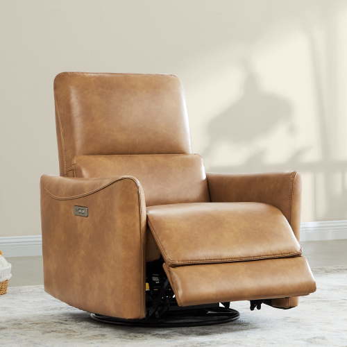 CHITA Swivel Glider Recliner Nursery Chair, Slim Design, USB, Faux Leather in Cognac Brown