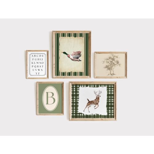 Vintage Green Nursery Prints | set of 5 | Rustic Playroom Decor | Baby Boy Nursery | Mallard Duck | Deer | Farmhouse Wall Art | Printable