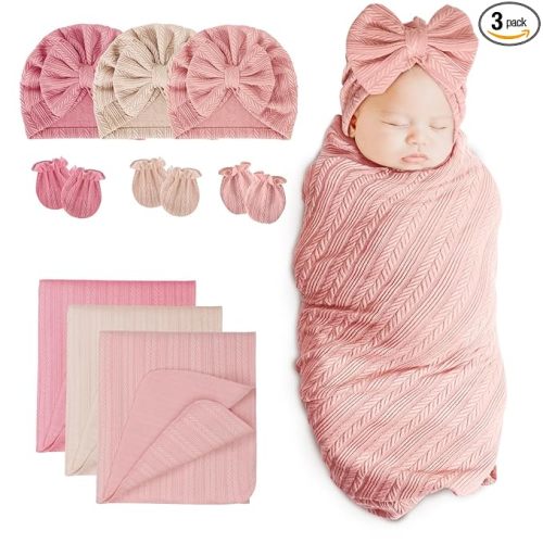 BQUBO Newborn Receiving Blanket Hat Mittens Set for Baby, Unisex Baby Boys Girls Essentials, Newborn Registry Must Haves, Stroller Crib Shower Gifts