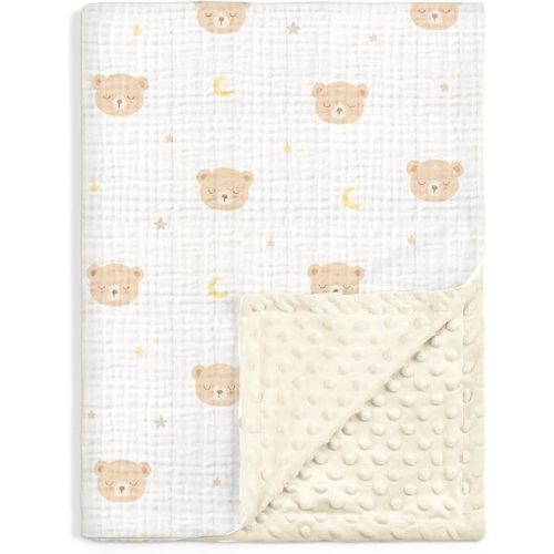 Bear Baby Blankets for Boys Girls, Soft Nursery Minky Blankets with Muslin and Dotted Fleece Back 30x40 inches, Receiving Bed Quilt for Newborn, Infants, Toddlers