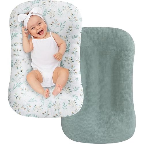 UBBCARE 2 Packs Muslin Baby Lounger Cover, Baby Nest Sleeper Cover for Baby Boys and Girls, Washable Slipcover Fit Infant Lounger, Organic Lounger Cover for Newborn - Green&Flower
