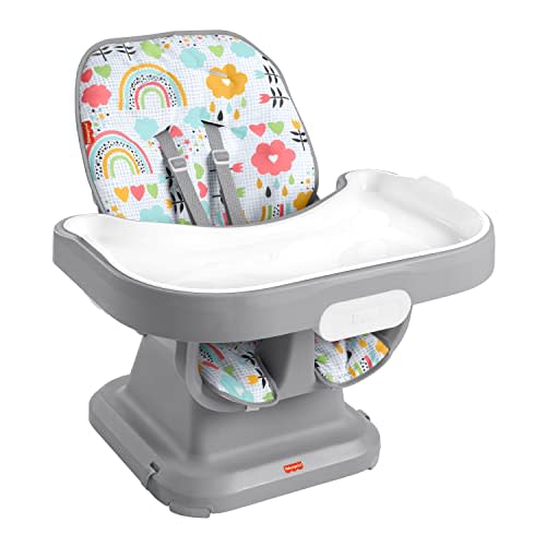Fisher-Price Baby to Toddler High Chair SpaceSaver Simple Clean Portable Dining Seat & Booster with Washable Deep Tray & Liner, Sun Showers