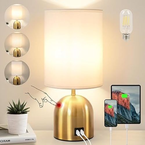 Touch Control Table Lamp for Bedroom, 3 Way Dimmable Modern Gold Bedside Lamps with 2 USB Charging Ports with Metal Base Fabric Shade for Nightstand, Living Room, Home Office(Bulb Included)