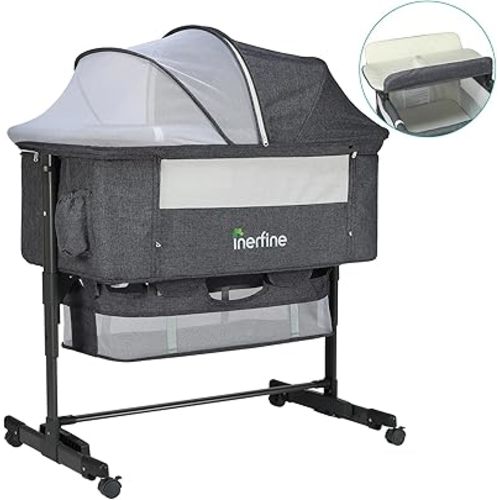 Baby Bassinet, Bedside Sleeper with Wheels, Aluminum Alloy Frame Bedside Bassinet with Changing Station, Mattress, Canopy and Storage Basket, 5 Adjustable Heights, Gray Bedside Bassinet for Baby