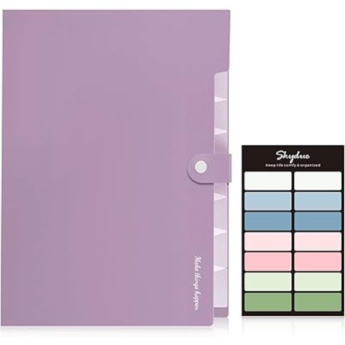 SKYDUE File Folder with Labels, Accordion File Organizer with 8 Pockets, Portable Document Organizer, A4 Letter Size, Paper Organizer for Office, Purple