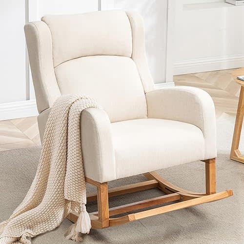 Rocking Chair Nursery, Nursing Rocking Chairs with Foot Rest for Mom Nursery, Comfy Wingback Glider Rocking Armchair with Side Pocket for Nursery Living Room Bedroom, Beige