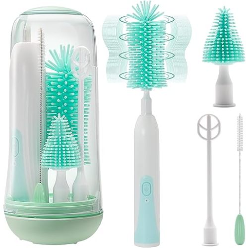 Electric Bottle Brush Cleaner, Rechargable Electric Baby Bottle Brush for Travel, Waterproof Electric Bottle Cleaner Set with Nipple & Straw Brush, Perfect Essentials Gift for Mom After Birth, Green