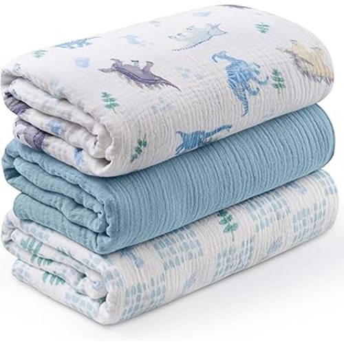 Muslin Swaddle Blankets for Newborn, 3 Pack Breathable Soft Receiving Blanket, Large 38 x 40 inches Swaddle Wrap Burping Clothes Diapers, Essentials Infant Shower Items, Toddler Gift (Blue Dinosaur)
