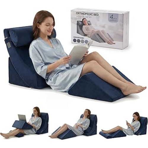 Axelrod 4PCS Orthopedic Bed Wedge Pillow Set, Post Surgery Foam for Back, Neck and Leg Pain Relief Comfortable & Adjustable Pillows- Anti Snoring, Heartburn, Acid Reflux & GERD Sleeping Dark Blue