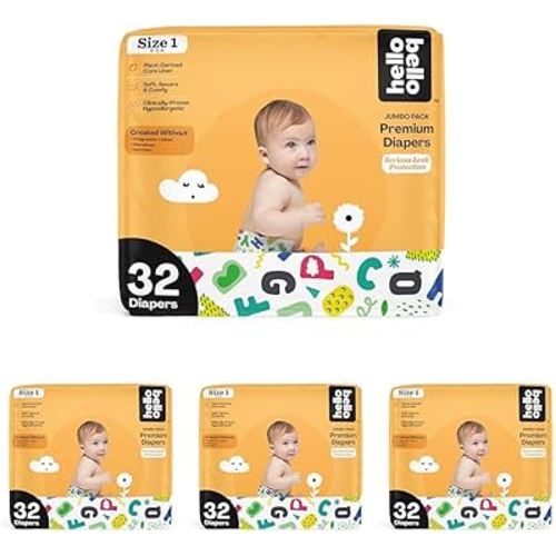 Hello Bello Premium Baby Diapers Size 1 I 32 Count of Disposable, Extra-Absorbent, Hypoallergenic Baby Diapers with Snug and Comfort Fit I Alphabet Soup (Pack of 4)