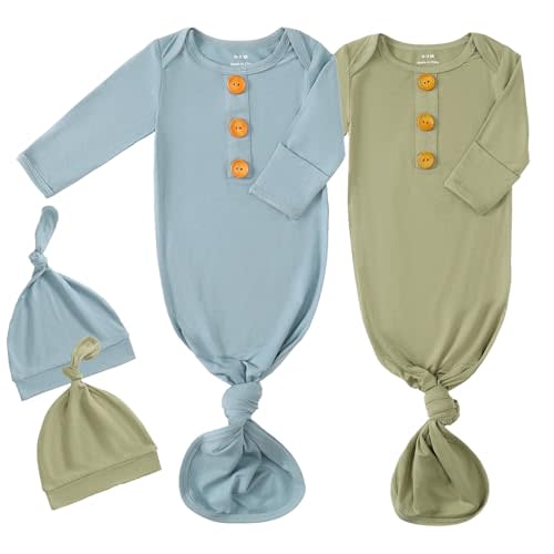 OPAWO Knotted Gown Baby Newborn Sleepers Baby Boy Coming Home Outfit, Bamboo Viscose Baby Gowns with Mitten Cuffs and Hat Set