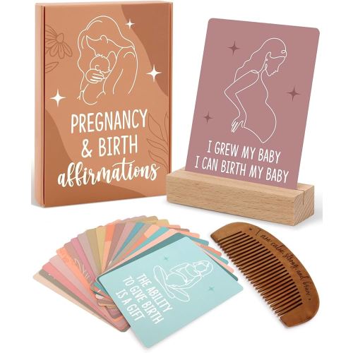 Levfla Pregnancy and Birth Affirmation Cards with Wooden Engraved Labor Comb Production Encouragement Positive Push New Mom Gifts for Women After Birth Boho Style Gender Reveal Neutral Present