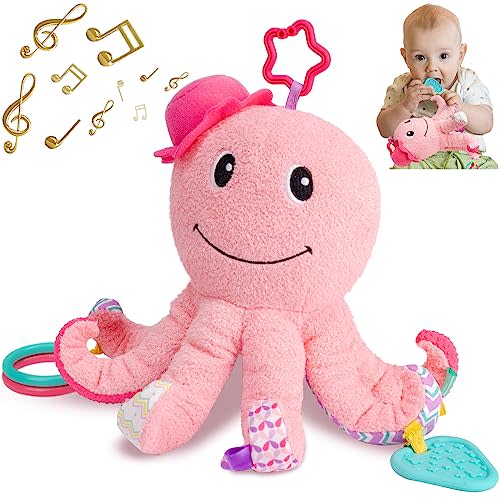 TURKIDS Infant Baby Girls Musical Stuffed Animal Activity Soft Toys with Multi-Sensory Crinkle, Mirror, Rattle and Textures for 0-3-6-12 Months Developmental Toys, Octopus,Pink