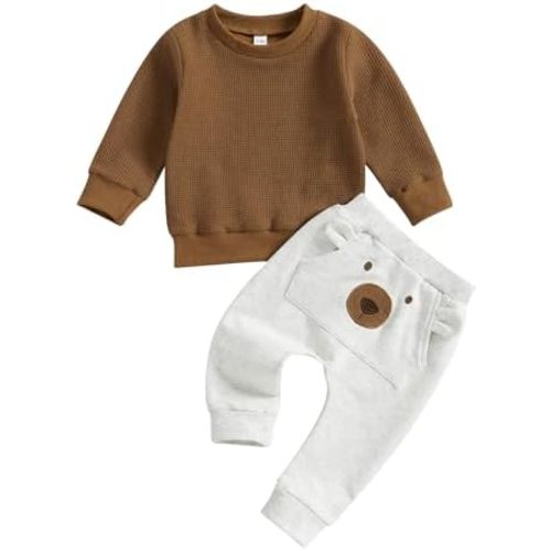 Lamuusaa Toddler Baby Boy Clothes Waffle Long Sleeve Crewneck Sweatshirt Bear Pirnt Jogger Pants Fall Winter Outfit