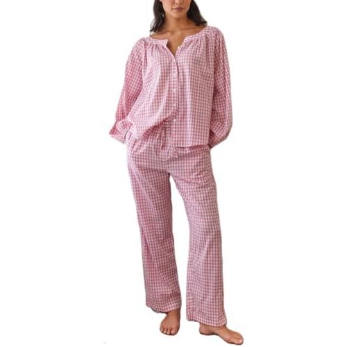 Argeousgor Women Plaid 2 Piece Pajama Set Button Down Puff Sleeve Babydoll Shirt Gingham Pants Pj Lounge Set Sleepwear