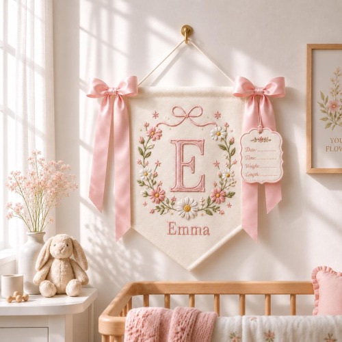 Personalized Embroidered Baby Name Banner, Floral Monogram Nursery Wall Hanging