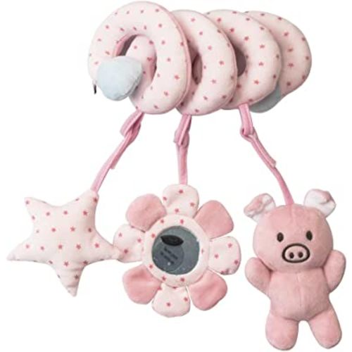 Ymeibe Baby Car Seat Toys, Infant Activity Spiral Plush Toys Hanging Stroller Toys for Baby Girl and Boy with Musical Sheep Rattles with Distorting Mirror (Pink Pig)