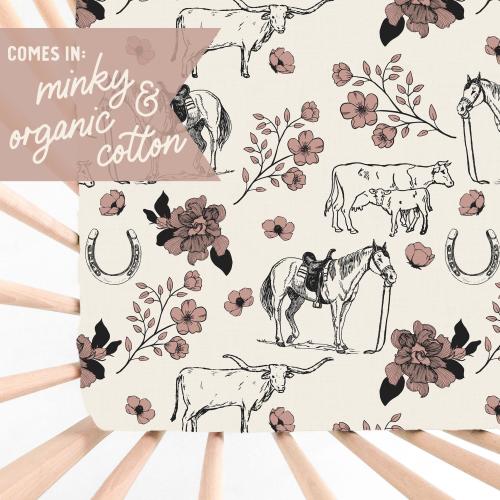 Crib Sheet: Floral Horse and Cowboy Toile de Jouy. Western. Cowgirl. Horses. Cattle. Flowers. Steer. Cows. Mauve. Cream. Baby Girl Nursery.