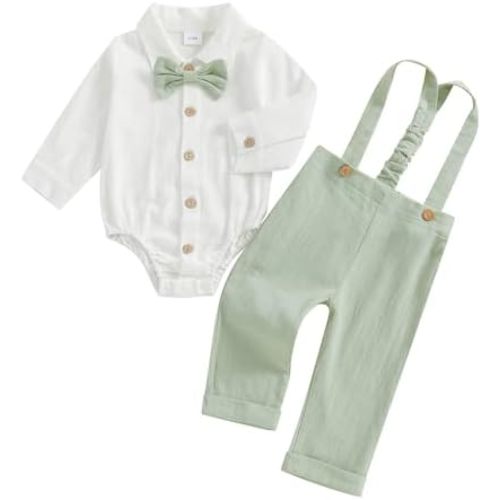 Infant Baby Boys Gentleman Outfits Long Sleeve Bowtie Romper+Suspender Overalls Pants Set Wedding Set Formal