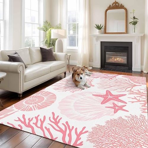 Coastal Pink Area Rug 5x7 FT, Bedroom Throw Carpet, Ocean Coral Starfish Shell Modern Sea Washable Floor Carpet Non-Shedding Rug for Dining Room Bedside Classroom Desk