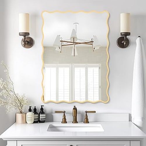 Gold Wavy Mirror Whit Wood Frame, 18" x 24" Small Rectangle Boho Mirror for Nursery Wall Decor, Bathroom Vanity, Bedroom, Living Room, Entryway