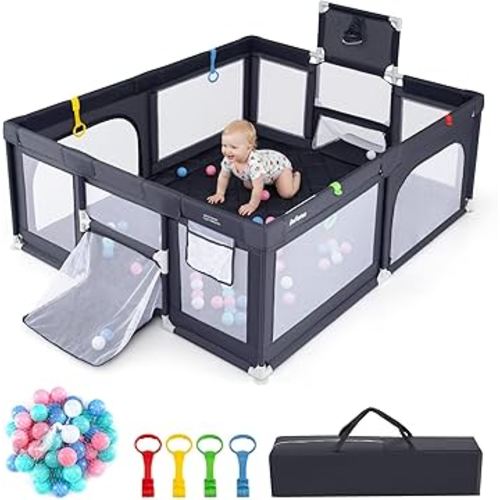 INFANS 74" x 62" Baby Playpen with Soft Mat, Basketball Hoop, 2 Soccer Goals, 4 Handles & 50 Ocean Balls, Breathable Mesh, Indoor & Outdoor Large Play Yard for Toddlers (Grey Black)