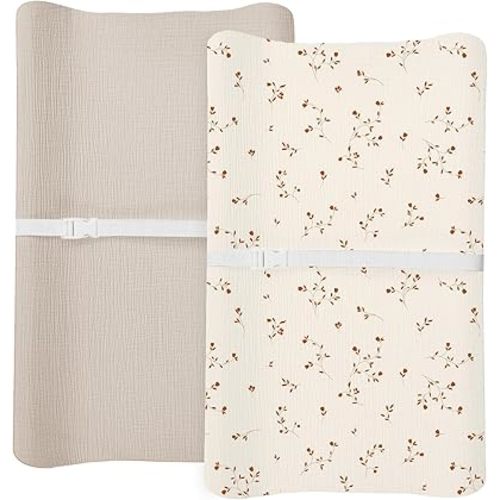 Changing Pad Cover for Baby Boy Girl 2 Pack, Muslin Changing Table Pad Covers with Boho Style, Neutral Nursery Bedding Essentials Soft and Breathable (Gentle Branches & Beige)