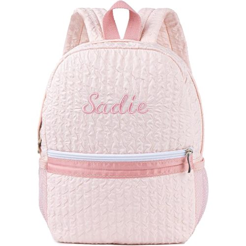 MT WORLD Toddler Daycare Backpack for Girls Personalized Seersucker Kids Backpack With Embroidered Name Infant Bookbag Monogram Toddler Diaper Bag for School Birthday Christmas Child Gifts (Pink)