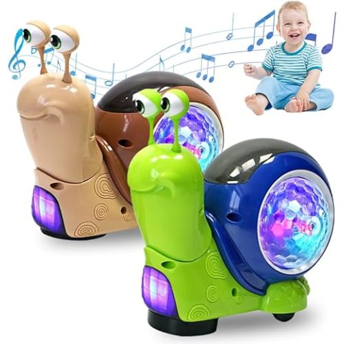 Baby Toddler Luminous Snail Toy, Electric Snail Toy Tummy Time Crawling Snail Toys Musical Toys with Light-up Music, Musical Crawling Snail Toys Interactive Sensory Toy for Home (Brown+Green)