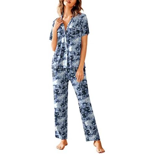 Avidlove Women Pajamas Set Notch Collar Soft Sleepwear Pjs Short Sleeve Button Down Nightwear with Long Pants